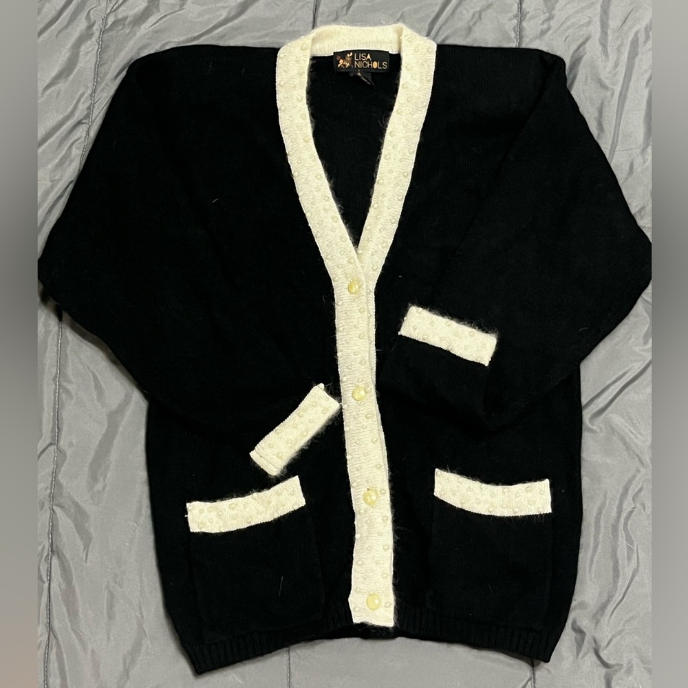 Vintage 80s 90s Lisa Nichols Angora Wool Blend Cardigan Shoulder Pads Sweater